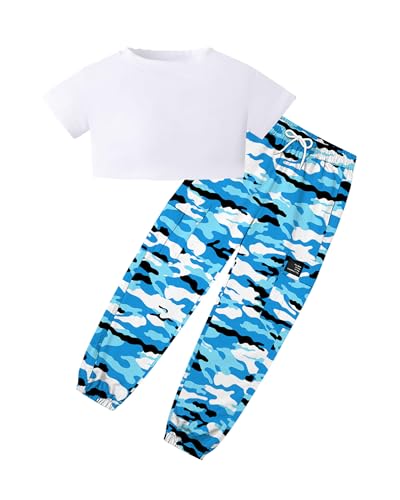 SANGTREE Girls' 2 Piece Outfits T-Shirt and Drawstring Cargo Jogger Pants Clothing Set, 4-14 Years