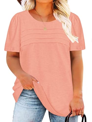 Womens Plus Size Tops Trendy Puff Sleeve Summer Casual Tees Light Pink 2XL