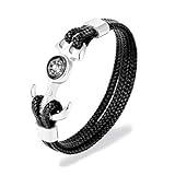 RJGOPL New Punk Multilayer Braid Leder Anker Charm Armband Herren Cast Edelstahl Kompass Survival Armband für Jungen 23cm Silber Anker