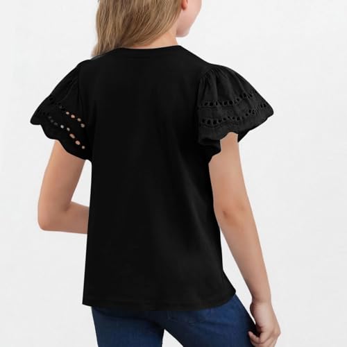 Girls Summer Tops Round Neck Flutter Sleeve Eyelet Hollow Out Embroidered Blouses Teens Girls Dressy Casual Shirts4