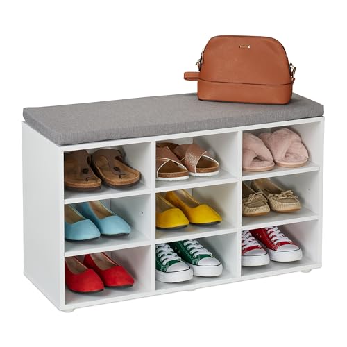 Relaxdays Banco Zapatero con Asiento, 9 Cajones, Tapizado, Pasillo o Entrada, Descalzadora, 48x78,5x30 cm, Blanco/Gris