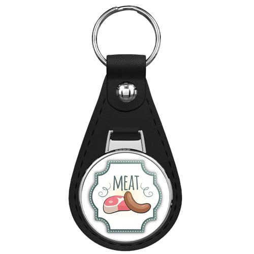Meat Food Steak Cartoon Black Leather Key Chain Keychain Silver