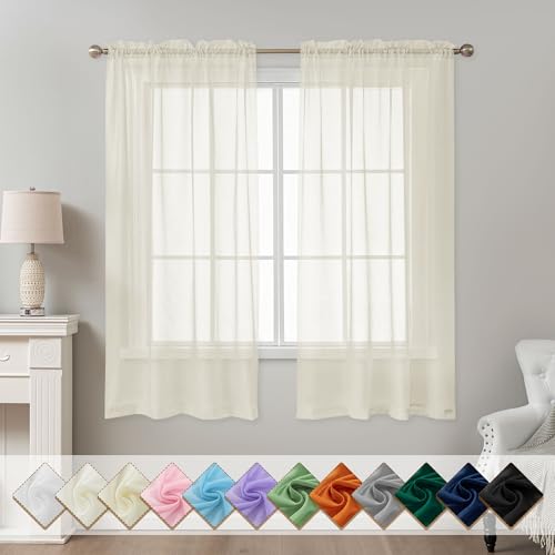 Image of Natural Sheer Curtains 63 Inch Length, Privacy Semi Sheer Curtains for Living Room Bedroom, Light Filtering Rod Pocket Voile Window Drapes 2 Panels Set, Each 42 inch W x 63 inch L