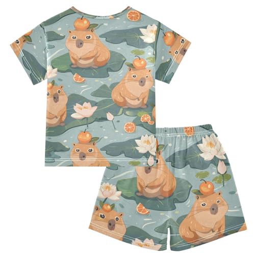 ALAZA Cute Capybara Water Lily Pajamas Short Sleeve 2 Piece Sleepwear Top and Bottom Pajama Set Unisex2