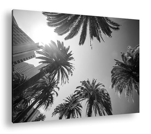 Toile Ville tropicale avec palmiers grand format 90x60 cm noir et blanc pour salon