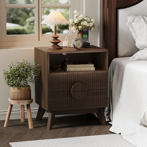 Modern Fluted Night Stand Set of 2, Wood Nightstand Bedside Table End Table with Charging Station, Drawers and Storage Shelf for Living Room Bedroom Walnut Wood Color