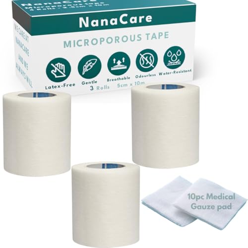 Paper Medical Tape Waterproof, 3 Rolls 5cm x 10m + 10pc Gauze Pads - Hypoallergenic Surgical Tape for Wound Care, Dressings & Face, First Aid Waterproof Bandage for Sensitive Skin - NanaCare