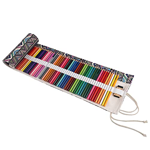 Image of Surblue Canvas Pencil Case Pencil Roll Wrap with 72 Slots Coloring Pencil Holder Organizer Paint Brush Storage Pouch Portable for Artist,Writer (Multicolour