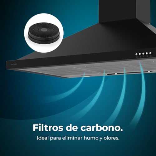 Cecotec Bolero Flux PM 906500 Black A Dunstabzugshaube, 90 cm, Motor 165 W, schwarzes Finish, Saugleistung 650 m³/h, mechanische Steuerung, 3 Leistungsstufen, Licht und Kohlefilter