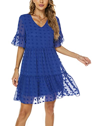 Reviews y listado de Vestido juvenil verano los 7 más buscados. 37 Vestido corto de gasa de verano para mujer, casual, manga corta, con volantes, lunares suizos, vestidos sueltos, 859, Azul Real, L