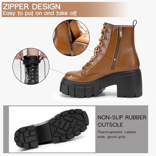Image of FITORY Women's Combat Boots Lightweight Lace up Side Zipper Ankle Botas High Heel Chunky Platform Lug Sole Booties 2026 Size 6-11
