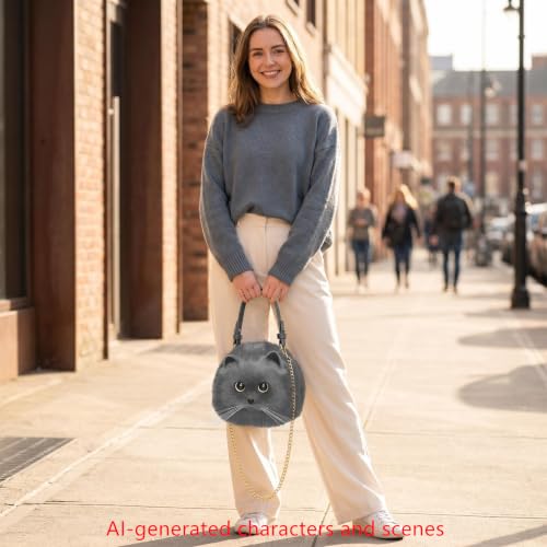 Image of Realistic Puffy Plush Cat Shaped Crossbody Handbag for Women