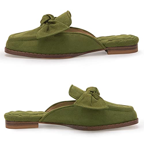 Coutgo Women's Flat Mules Bow Knot Square Closed Toe Quilted Faux Suede Slip On Backless Flats Shoes Green #TOP2