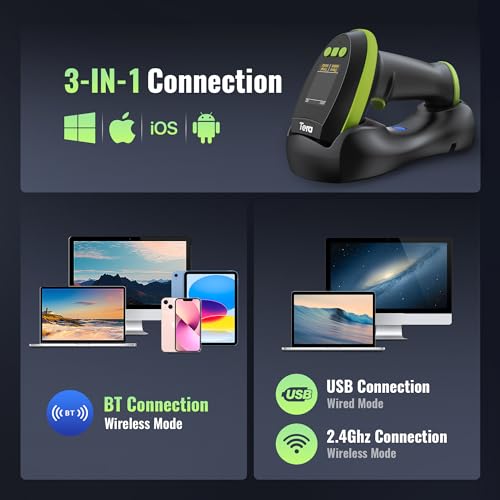 Image of Tera Barcode Scanner Wireless with Screen: Pro Version 1D 2D QR with Setting Keypad Charging Cradle Works with Bluetooth 2.4G Wireless USB Wired Handheld Bar Code Reader HW0009 Green