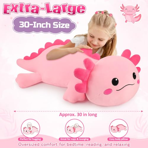Image of 30'' Giant Pink Axolotl Plush Stuffed Animal- Pink Axolotl Plush Pillow Plushies, Large Body Pillow Plush Toy, Cute Hugging Axolotl Stuffed Animal, Birthday Gifts for Kids Girls Boys
