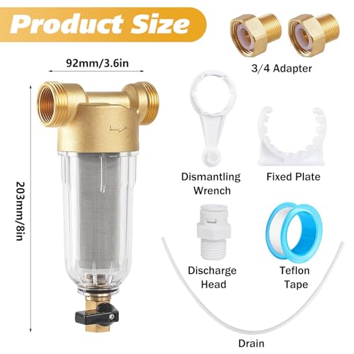 Forhandy Wasserfilter Wiederverwendbare Filterkombination 1“&G3/4”MNPT+G3/4” Vorfilter Sedimentfilter Feinfilter Ausspülbarer Feinfilter mit Adapter Spin-down-Sedimentwasserfilter