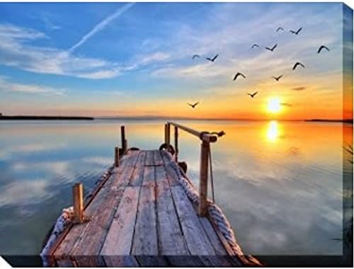 Blue and Orange Fishing Dock Outdoor Canvas Rectangular Wall Art Decor 30" x 40"