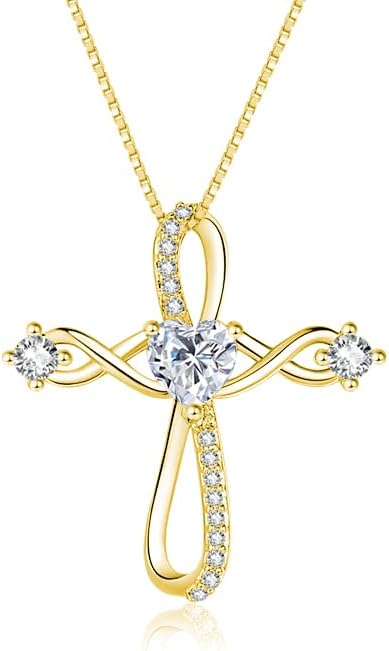 Cross Pendant Necklace for Women 18K Gold/White Gold Infinity Necklaces Womens with Heart Birthstone,Religious Faith Christian Jewelry Mother's Day Gifts for Women