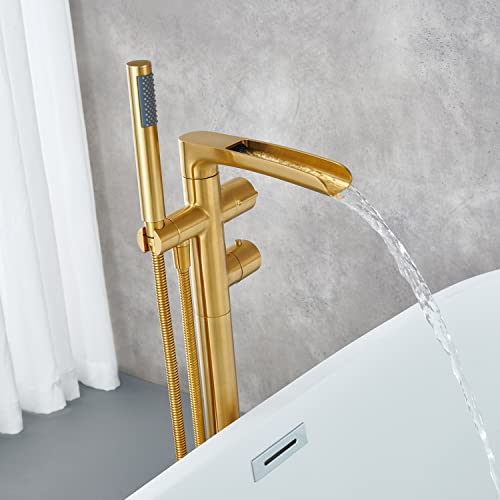 Artiqua Thermostatic Freestanding Bathtub Faucet Waterfall Tub Filler Brushed Gold With Rough In Valve Floor Mount Brass Bathroom Faucets With Hand Shower #TOP7