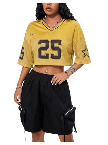 Verdusa Women's Jersey Shirts Hip Hop V Neck Short Sleeve Mesh