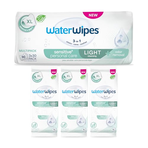 WaterWipes Sensitive Personal Care Light Incontinence Wipes Odor Removal XL Textured Wipes Fragrance Free 90 Count (3 Packs)