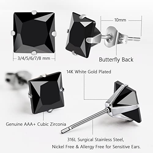 Uhibros Stainless Steel Earrings Set For Men, Black Square Cubic Zirconia Earrings Studs 316L Hypoallergenic Earring Pack Of 6 Pairs, Gifts For Men Women #TOP4
