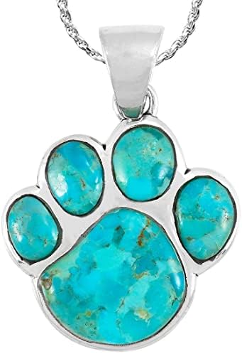 Dog or Cat Paw Necklace Pendant 925 Sterling Silver Genuine Gemstones (with 20" Chain) (Turquoise)
