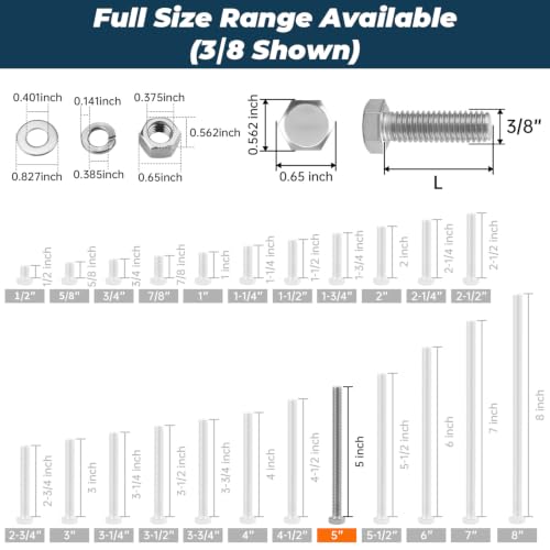 Image of 6 Sets Glvaner 3 /8-16 x 5 Stainless Steel Hex Head Screws Bolts, Nuts, Flat & Lock Washers, 18-8 (304) Stainless Steel, Full Thread, Coarse Thread