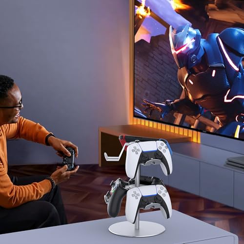 Image of DGPCT Aluminum Rotating Controller Stand for Xbox /PS5 /Switch, 2-Tier | 6 Hangers to Place, Holds Headset & Controllers, Stable Controller Organizer Rack, Fits for Switch Pro /PS4 and More, Silver