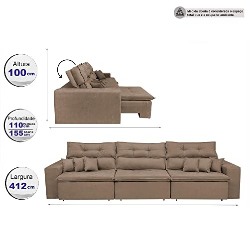 Sofá Cairo 4,12m Retrátil, Reclinável com Molas no Assento e 6 Almofadas Tecido Suede Castor - Cama
