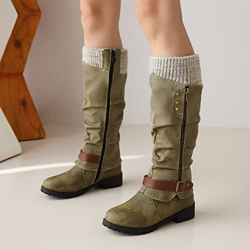 Women's Knee High Boots Knight Boots,Chunky Low Heel Non-Slip Western Boots with Zipper Metal Buckle Stretch Boots3