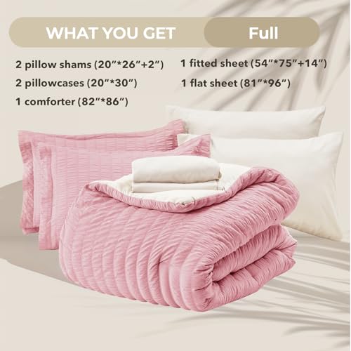 Image of HYMOKEGE Pink /Ivory Full Size Comforter Sets Seersucker 7 Pieces, All Season Luxury Bed in a Bag for Bedroom, Bedding Set with Comforter, Sheets, Pillowcases & Shams