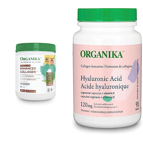 Organika Chocolate Enhanced Collagen - Grass-Fed Collagen with Real Cocoa, Sugar-Free, Healthy Hair, Skin, Nails, Joints - 504g & Hyaluronic Acid With Vitamin C 90 Vcaps