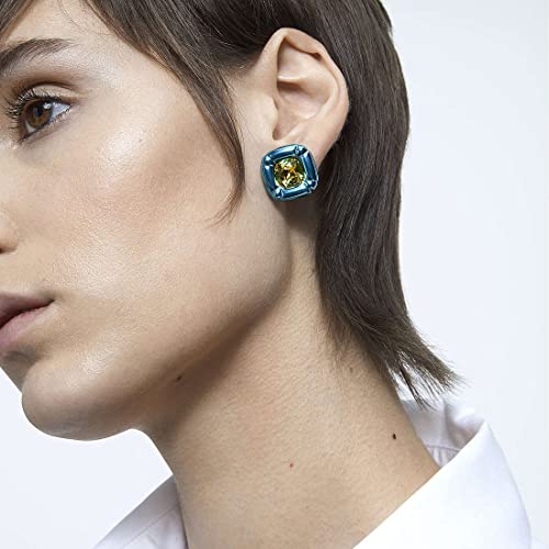 SWAROVSKI Dulcis Pierced Stud Earrings, Yellow Cushion-Cut Crystals on a Glossy Bright Blue Setting, Part of The Dulcis Collection2