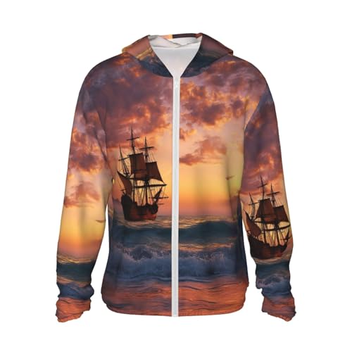UPF 50+ Sun Protection Hoodie Rash Guard Long Sleeve Sun Shirt sunset pirate ship UV Shirt Full Zip Jacket