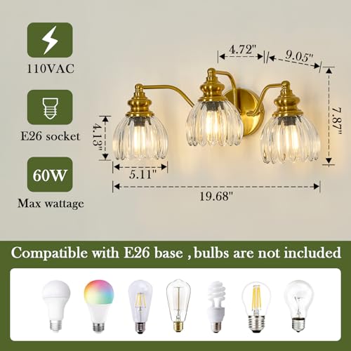 Image of Piepooye Vintage Bathroom Light Fixtures 3 Lights Gold Glass Vanity Light | E26 Bulb Indoor Vanity Light Over Mirror Bedroom Kitchen Farmhouse Living Room