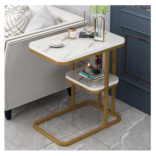 C-Shaped Side Table Modern End Tables Living Room Sofa Small Table with Storage Shelf Coffee Snack Table Bedside Laptop Table for Living Room Bedroom Small Spaces (Gold)