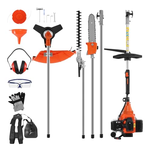 H-YEEU 52cc 5-in-1 2 Stroke Gas Weed Wacker, String Trimmer, Brush Cutter, Hedge Trimmer, Chainsaw & Pole Saw w/Extensions, Gloves & Goggles, Multi Functional Trimming Tools for Home Yard Garden