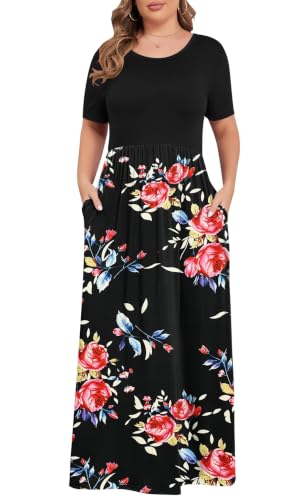 Image of KARALIN Women Plus Size Maxi Dress Short Sleeve Round Neck Loose Fit A-Line | Plus Size Long Dress,Summer Casual Maxi Dresses,Short Sleeve,Side Pockets,Round Neck,Elastic Waist,14 Plus - 26 Plus