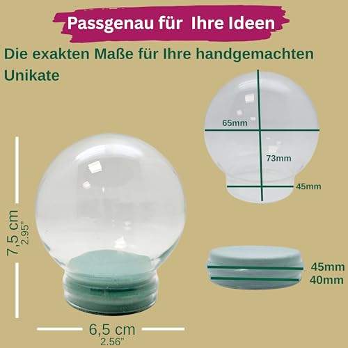 Bastel Schneekugel Ersatzglas m. 1 x Schnee | DIY Bastelglas | Schneekugel reparieren | Glasschneekugel selbermachen | 65mm Durchmesser | 40001