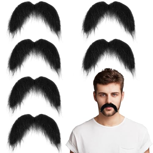 6 Pcs Black Fake Mustaches Stick On Mustache Realistic Fake Facial Hair Novelty Handlebar Fakes Beard for Cosplay Costumes Theme Party and Halloween