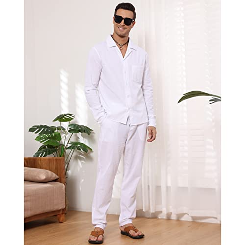 Men 2 Piece Linen Set Button Down Long Sleeve Shirt And Casual Beach Drawstring Waist Pants Holiday Outfits #TOP4