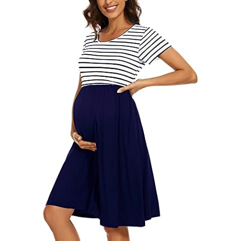 WOOXIO Women's Short Sleeve Maternity Dress Patchwork Pregnancy Clothes with Pockets Medium,White Navy Stripe-Navy Cover