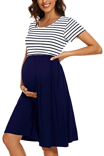 WOOXIO Vestido de maternidad de manga corta para mujer con bolsillos, ropa de embarazo de retazos, Blanco azul marino a rayas azul marino, M