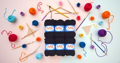 Image of M.G Enterprises Black Wool Ball. Hand Knitting Art Craft Soft Fingering Crochet Hook Yarn, Needle Knitting Thread Dyed - Pack of 8