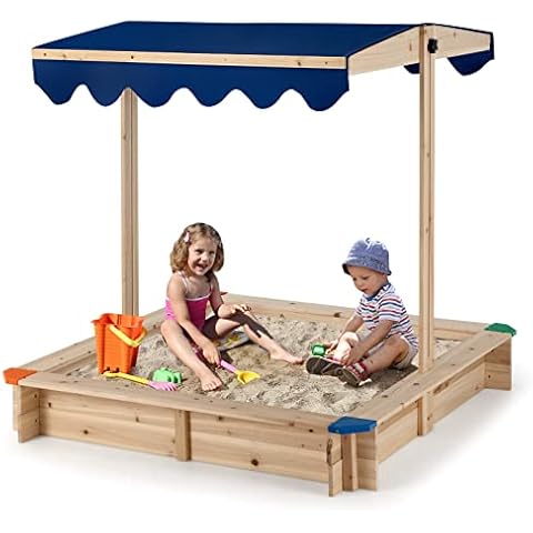 GYMAX Wooden Kids Sandbox with Canopy Cover