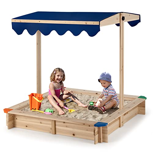 GYMAX Wooden Kids Sandbox with Canopy, 120x120x120cm