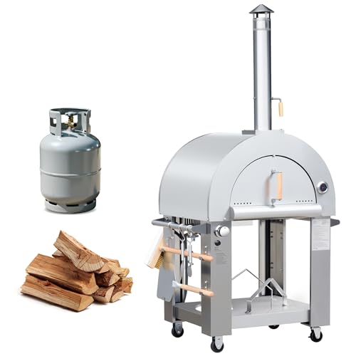 KOSTCH 32.5' Outdoor Duel Fuel Pizza Oven, 304 Stainless Steel Wood Fired & Propane Gas Pizza Oven with Temperature Gauge, Portable Pizza Oven on Wheels for Outside, Camping, Party (Silver)