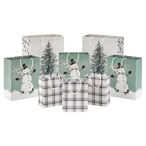 Hallmark Recyclable Bags Assortment (8 Bags: 3 Small 6", 3 Medium 9", 2 Large 13") in White, Sage Green with Rustic Snowman, Plaid, Evergreen Tree for Christmas, Winter Weddings, Birthdays