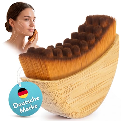 Premium lymphatische Gesichtsbürste aus echtem Bambus für Kinn & Hals Lymphmassage Bürste & Lymphbürsten Gesicht - Lymphdrainage - Massagebürste für Gesichtspflege inkl. Schutzbox & Transportbeutel